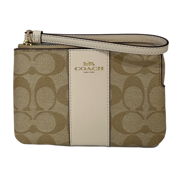 Coach Handbags - Coach Wristlet Signature Fabric/Leather L. Khaki/Chalk L. Saddle NWOT